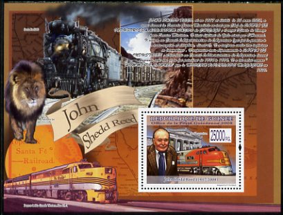 Guinea - Conakry 2008 Locomotives & John Shedd Reed perf s/sheet unmounted mint, stamps on , stamps on  stamps on personalities, stamps on  stamps on railways, stamps on  stamps on lions