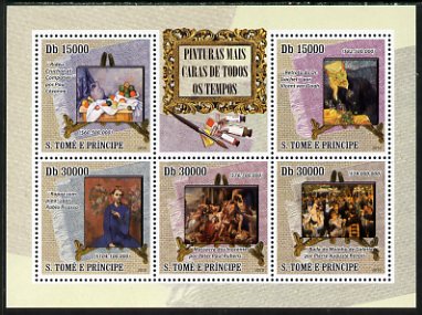 St Thomas & Prince Islands 2010 Most Expensive Paintings perf sheetlet containing 5 values unmounted mint, stamps on , stamps on  stamps on arts, stamps on  stamps on picasso, stamps on  stamps on rubens, stamps on  stamps on renoir, stamps on  stamps on van gogh, stamps on  stamps on cezanne