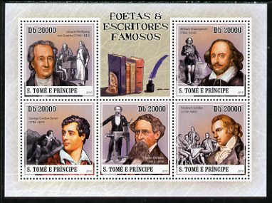 St Thomas & Prince Islands 2010 Famous Poets & Writers perf sheetlet containing 5 values unmounted mint, stamps on personalities, stamps on literature, stamps on poetry, stamps on goethe, stamps on shakespeare, stamps on byron, stamps on dickens, stamps on 