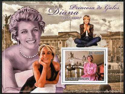 St Thomas & Prince Islands 2010 Diana Princess of Wales perf s/sheet unmounted mint, stamps on , stamps on  stamps on royalty, stamps on  stamps on diana, stamps on  stamps on london, stamps on  stamps on bridges