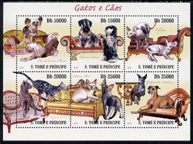 St Thomas & Prince Islands 2010 Cats & Dogs perf sheetlet containing 6 values unmounted mint, stamps on , stamps on  stamps on cats, stamps on  stamps on dogs