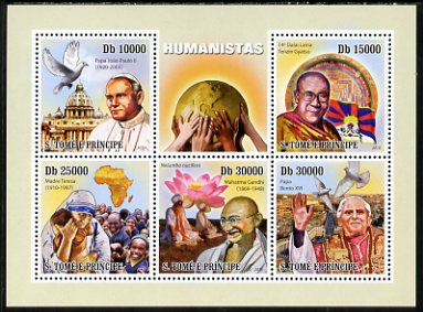St Thomas & Prince Islands 2010 Humanitarians perf sheetlet containing 5 values unmounted mint, stamps on personalities, stamps on women, stamps on pope, stamps on gandhi, stamps on human rights, stamps on peace, stamps on nobel, stamps on teresa