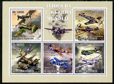 St Thomas & Prince Islands 2010 Aircraft of World War II perf sheetlet containing 5 values unmounted mint, stamps on aviation, stamps on  ww2 , stamps on mustang