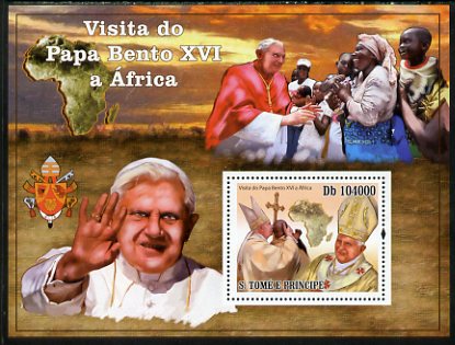 St Thomas & Prince Islands 2010 Visit to Africa by Pope Benedict perf s/sheet unmounted mint, stamps on popes, stamps on pope, stamps on religion, stamps on shells