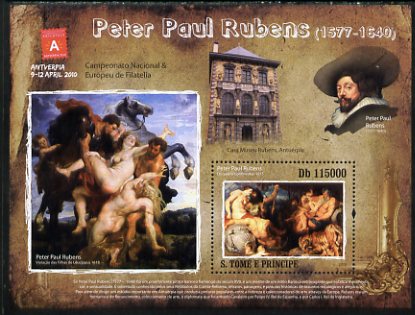 St Thomas & Prince Islands 2010 Paintings by Peter Paul Rubens perf s/sheet with Antwerp Stamp Exhibition Logo unmounted mint, stamps on , stamps on  stamps on stamp exhibitions, stamps on  stamps on arts, stamps on  stamps on rubens, stamps on  stamps on nudes, stamps on  stamps on horses