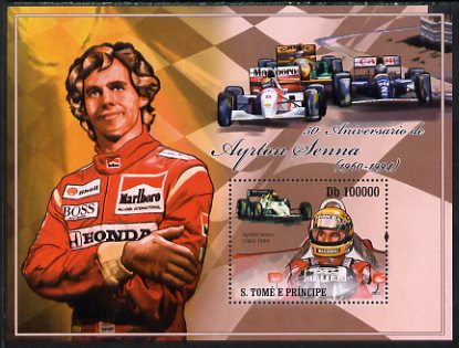 St Thomas & Prince Islands 2010 50th Birth Anniversary of Ayrton Senna perf s/sheet unmounted mint, stamps on , stamps on  stamps on personalities, stamps on  stamps on cars, stamps on  stamps on  f1 , stamps on  stamps on formula 1, stamps on  stamps on tobacco