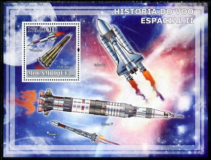 Mozambique 2009 History of Space Flight #02 perf s/sheet unmounted mint, stamps on , stamps on  stamps on space, stamps on  stamps on satellites, stamps on  stamps on rockets, stamps on  stamps on shuttle