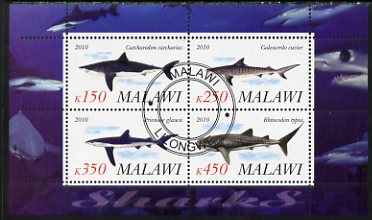 Malawi 2010 Sharks perf sheetlet containing 4 values fine cto used, stamps on , stamps on  stamps on fish, stamps on  stamps on sharks