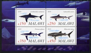 Malawi 2010 Sharks perf sheetlet containing 4 values unmounted mint, stamps on fish, stamps on sharks