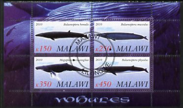 Malawi 2010 Whales perf sheetlet containing 4 values fine cto used, stamps on , stamps on  stamps on marine life, stamps on  stamps on whales