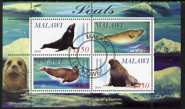 Malawi 2010 Seals perf sheetlet containing 4 values fine cto used, stamps on marine life, stamps on seals