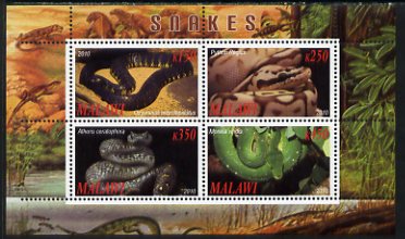 Malawi 2010 Snakes perf sheetlet containing 4 values unmounted mint, stamps on reptiles, stamps on snakes