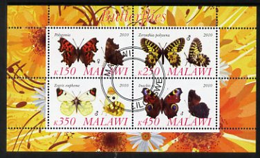 Malawi 2010 Butterflies #3 perf sheetlet containing 4 values fine cto used, stamps on butterflies