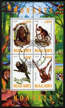 Malawi 2010 Monkeys perf sheetlet containing 4 values fine cto used, stamps on , stamps on  stamps on animals, stamps on  stamps on monkeys, stamps on  stamps on apes