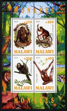 Malawi 2010 Monkeys perf sheetlet containing 4 values unmounted mint, stamps on , stamps on  stamps on animals, stamps on  stamps on monkeys, stamps on  stamps on apes