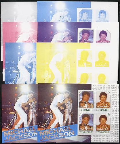 St Vincent 1985 Michael Jackson (Leaders of the World) $1.50 m/sheet, the set of 8 imperf progressive proofs comprising 4 individual colours plus 2, 3, 4 & all 6-colour c..., stamps on personalities, stamps on music, stamps on pops, stamps on rock