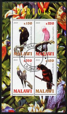 Malawi 2010 Parrots perf sheetlet containing 4 values fine cto used, stamps on birds, stamps on parrots