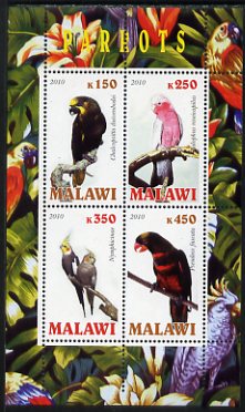 Malawi 2010 Parrots perf sheetlet containing 4 values unmounted mint, stamps on birds, stamps on parrots