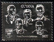 Guyana 1992 Genova 92 International Thematic Stamp Exhibition $600 perf embossed in silver foil featuring JFK, Martin Luther King, Lincoln, Roosevelt & Churchill, stamps on stamp-exhibitions, stamps on kennedy, stamps on churchill    lincoln    americana    nobel, stamps on human rights, stamps on teddy bears, stamps on personalities, stamps on usa presidents