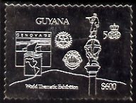 Guyana 1992 Genova 92 International Thematic Stamp Exhibition $600 perf embossed in silver foil featuring Statue of Columbus plus Rotary & Lions International Logos, stamps on stamp-exhibitions, stamps on columbus, stamps on statues, stamps on explorers, stamps on rotary lions int, stamps on 