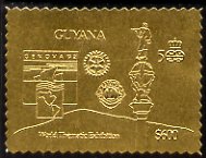 Guyana 1992 'Genova 92' International Thematic Stamp Exhibition $600 perf embossed in gold foil featuring Statue of Columbus plus Rotary & Lions International Logos, stamps on , stamps on  stamps on stamp-exhibitions, stamps on  stamps on columbus, stamps on  stamps on statues, stamps on  stamps on explorers, stamps on  stamps on rotary lions int, stamps on  stamps on 