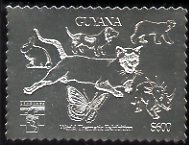 Guyana 1992 'Genova 92' International Thematic Stamp Exhibition $600 perf embossed in silver foil featuring Cat, Dog, Rabbit, Polar Bear, Butterfly & Dinosaur, stamps on stamp-exhibitions, stamps on cats, stamps on dogs, stamps on bears, stamps on butterflies, stamps on dinosaurs, stamps on rabbits