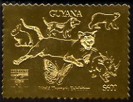 Guyana 1992 'Genova 92' International Thematic Stamp Exhibition $600 perf embossed in gold foil featuring Cat, Dog, Rabbit, Polar Bear, Butterfly & Dinosaur