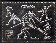 Guyana 1992 'Genova 92' International Thematic Stamp Exhibition $600 perf embossed in silver foil featuring Albertville & Barcelona Olympics and showing Fencing, Ice Hockey, Skiing, Baseball, Football & Ice Skating (Dancing), stamps on , stamps on  stamps on stamp-exhibitions, stamps on  stamps on olympics, stamps on  stamps on fencing, stamps on  stamps on  ice hockey, stamps on  stamps on  skiing, stamps on  stamps on  baseball, stamps on  stamps on football, stamps on  stamps on ice skating, stamps on  stamps on dancing