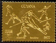 Guyana 1992 'Genova 92' International Thematic Stamp Exhibition $600 perf embossed in gold foil featuring Albertville & Barcelona Olympics and showing Fencing, Ice Hockey, Skiing, Baseball, Football & Ice Skating (Dancing), stamps on , stamps on  stamps on stamp-exhibitions, stamps on  stamps on olympics, stamps on  stamps on fencing, stamps on  stamps on  ice hockey, stamps on  stamps on  skiing, stamps on  stamps on  baseball, stamps on  stamps on football, stamps on  stamps on ice skating, stamps on  stamps on dancing