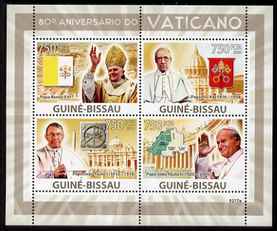 Guinea - Bissau 2009 80th Anniversary of the Vatican perf sheetlet containing 4 values unmounted mint Michel 4173-76, stamps on , stamps on  stamps on religion, stamps on  stamps on popes