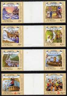 St Vincent - Grenadines 1988 Explorers set of 8 in 4 se-tenant inter-paneau gutter pairs (folded through gutters and minor wrinkles but very scarce in this unissued form) unmounted mint as SG 564-71. , stamps on , stamps on  stamps on explorers, stamps on  stamps on personalities, stamps on  stamps on ships, stamps on  stamps on columbus, stamps on  stamps on livingstone