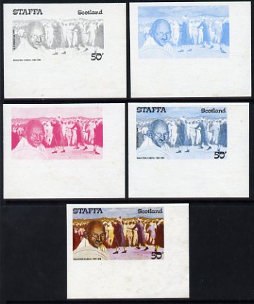 Staffa 1979 Gandhi 50p (Civil Disobedience) set of 5 imperf progressive colour proofs comprising 3 individual colours (red, blue & yellow) plus 2 and all 4-colour composites, unmounted mint, stamps on , stamps on  stamps on gandhi, stamps on  stamps on personalities, stamps on  stamps on constitutions