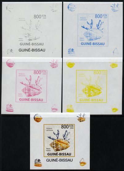 Guinea - Bissau 2009 Shells & Coral individual deluxe sheet #1 - the set of 5 imperf progressive proofs comprising the 4 individual colours plus all 4-colour composite, u..., stamps on marine life, stamps on shells, stamps on coral