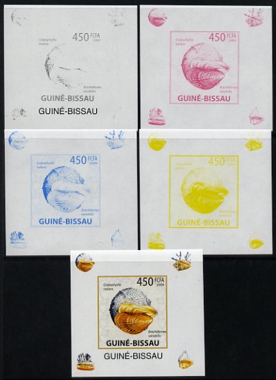 Guinea - Bissau 2009 Shells & Coral individual deluxe sheet #2 - the set of 5 imperf progressive proofs comprising the 4 individual colours plus all 4-colour composite, unmounted mint , stamps on marine life, stamps on shells, stamps on coral