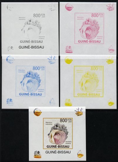 Guinea - Bissau 2009 Shells & Coral individual deluxe sheet #3 - the set of 5 imperf progressive proofs comprising the 4 individual colours plus all 4-colour composite, unmounted mint , stamps on marine life, stamps on shells, stamps on coral
