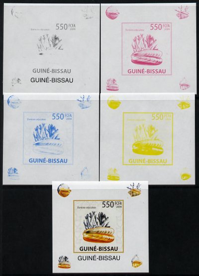 Guinea - Bissau 2009 Shells & Coral individual deluxe sheet #4 - the set of 5 imperf progressive proofs comprising the 4 individual colours plus all 4-colour composite, u..., stamps on marine life, stamps on shells, stamps on coral