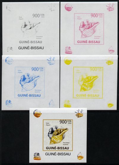 Guinea - Bissau 2009 Shells & Coral individual deluxe sheet #5 - the set of 5 imperf progressive proofs comprising the 4 individual colours plus all 4-colour composite, unmounted mint , stamps on , stamps on  stamps on marine life, stamps on  stamps on shells, stamps on  stamps on coral