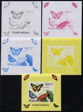 Guinea - Bissau 2009 Butterflies individual deluxe sheet #1 - the set of 5 imperf progressive proofs comprising the 4 individual colours plus all 4-colour composite, unmo..., stamps on butterflies