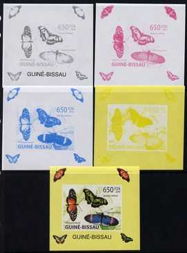 Guinea - Bissau 2009 Butterflies individual deluxe sheet #3 - the set of 5 imperf progressive proofs comprising the 4 individual colours plus all 4-colour composite, unmo..., stamps on butterflies