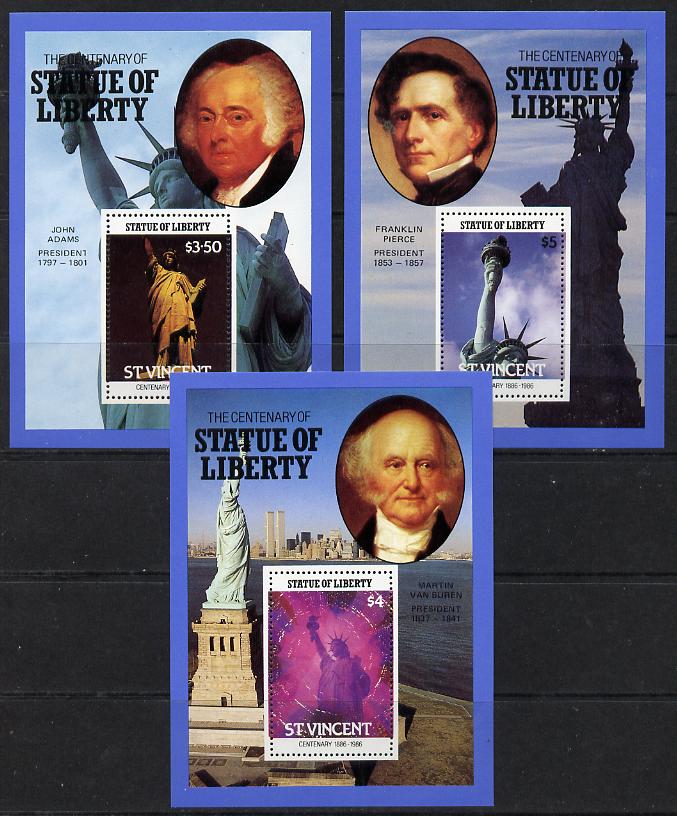 St Vincent 1986 Statue of Liberty set of 3 m/sheets unmounted mint SG MS 1044, stamps on monuments, stamps on statues, stamps on americana, stamps on civil engineering, stamps on 