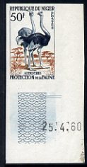 Niger Republic 1959 Ostriches 50f  (from Wild Animals & Birds set) IMPERF colour trial unmounted mint, as SG109 , stamps on birds, stamps on cranes