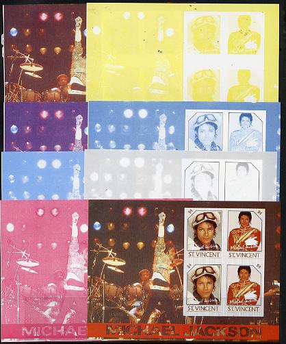 St Vincent 1985 Michael Jackson (Leaders of the World) $4.00 m/sheet, the set of 8 imperf progressive proofs comprising 4 individual colours plus 2, 3, 4 & all 6-colour c..., stamps on personalities, stamps on music, stamps on pops, stamps on rock
