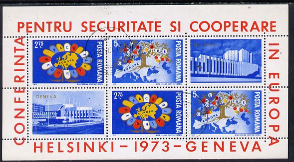 Rumania 1973 European Security Conference m/sheet cto used, Mi BL 108, SG MS 4017, stamps on maps, stamps on security, stamps on 