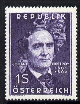 Austria 1962 Death Centenary of Johann Nestroy (painter) unmounted mint, SG 1386, stamps on personalities, stamps on arts