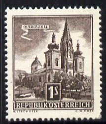 Austria 1957-70 Mariazell Basilica 1s sepia from Buildings def set unmounted mint, SG 1303, stamps on , stamps on  stamps on religion, stamps on  stamps on architecture