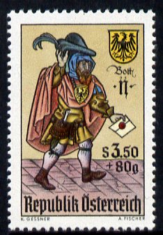 Austria 1967 Stamp Day - The Letter-carrier (from playing card) unmounted mint, SG 1515, stamps on postal, stamps on playing cards