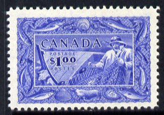 Canada 1951 Fisherman $1 mounted mint, SG 433, stamps on , stamps on  kg6 , stamps on fish, stamps on shells