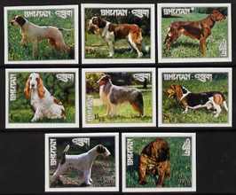 Bhutan 1973 Dogs set of 8 IMPERF unmounted mint, Mi 536-43, stamps on dogs, stamps on spaniel, stamps on fox terrier, stamps on  pug , stamps on bernard, stamps on bassett hound, stamps on pointer, stamps on rough collie