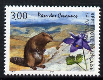 France 1996 Eurasian Beaver and Columbine 3f from National Parks set unmounted mint, SG3318, stamps on animals, stamps on beaver, stamps on flowers