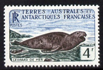 French Southern & Antarctic Territories 1956-60 Leopard Seal 4f very unmounted mint SG 7, stamps on animals, stamps on marine life, stamps on seals, stamps on polar